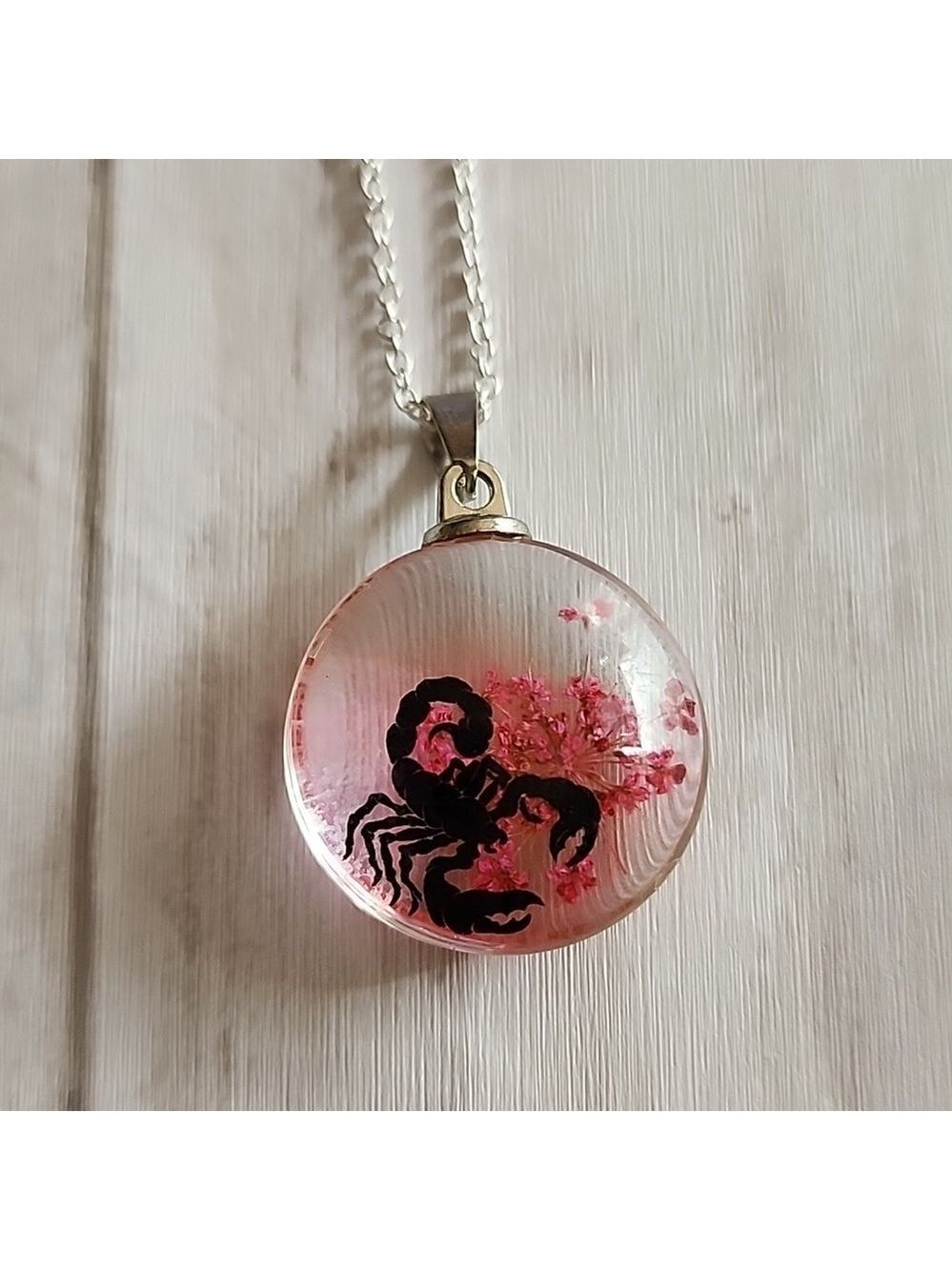 PRESSED Real flower and simulated Scorpion Necklace 925 Chain